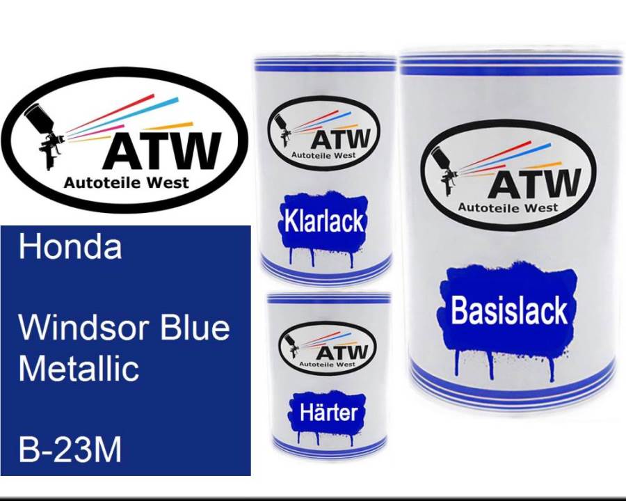 Honda, Windsor Blue Metallic, B-23M: 500ml Lackdose + 500ml Klarlack + 250ml Härter - Set, von ATW Autoteile West.
